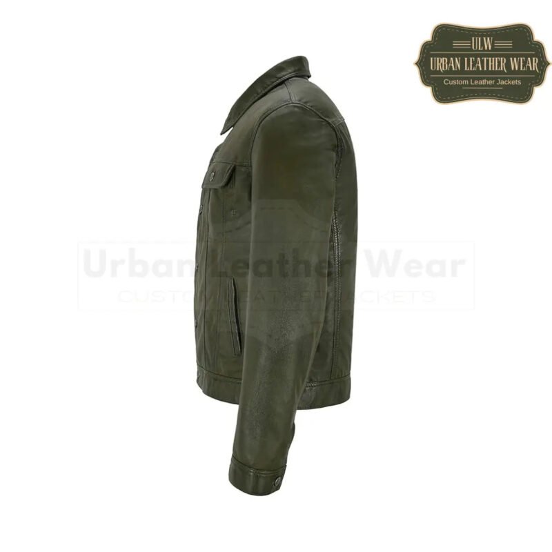 Men Trucker Leather Jacket Olive Levis Style | Urban Leather Wear