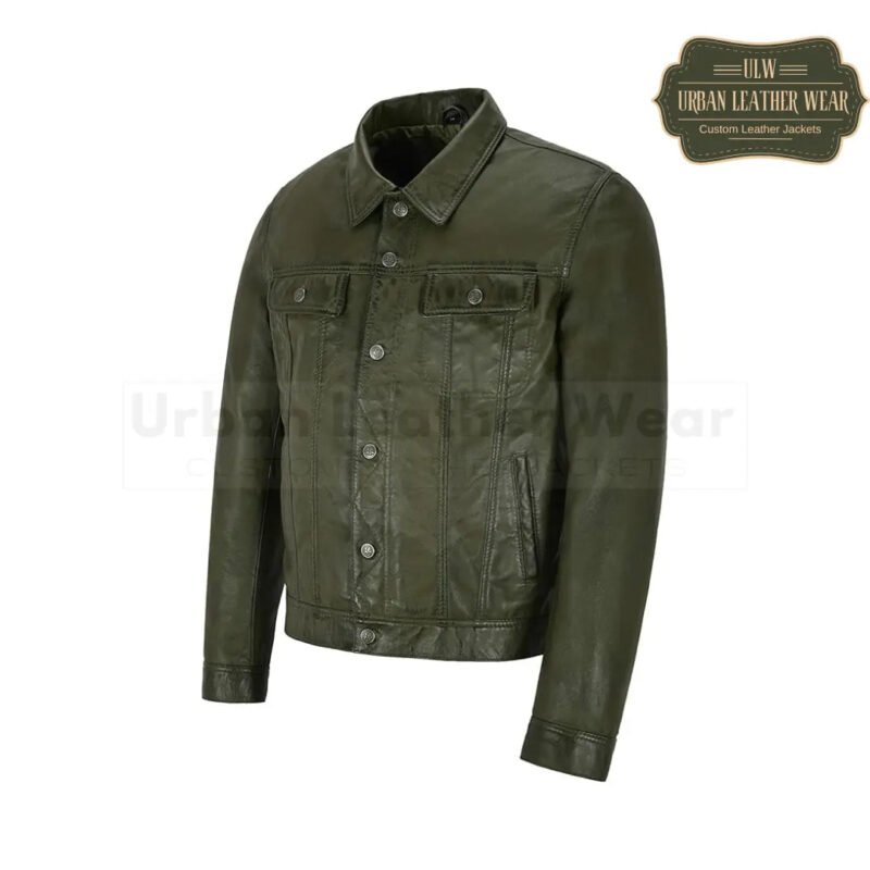 Men Trucker Leather Jacket Olive Levis Style | Urban Leather Wear