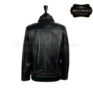 Men White Contrast Stitch Leather Trucker Jacket | Urban Leather Wear