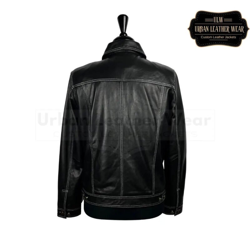 Men White Contrast Stitch Leather Trucker Jacket | Urban Leather Wear