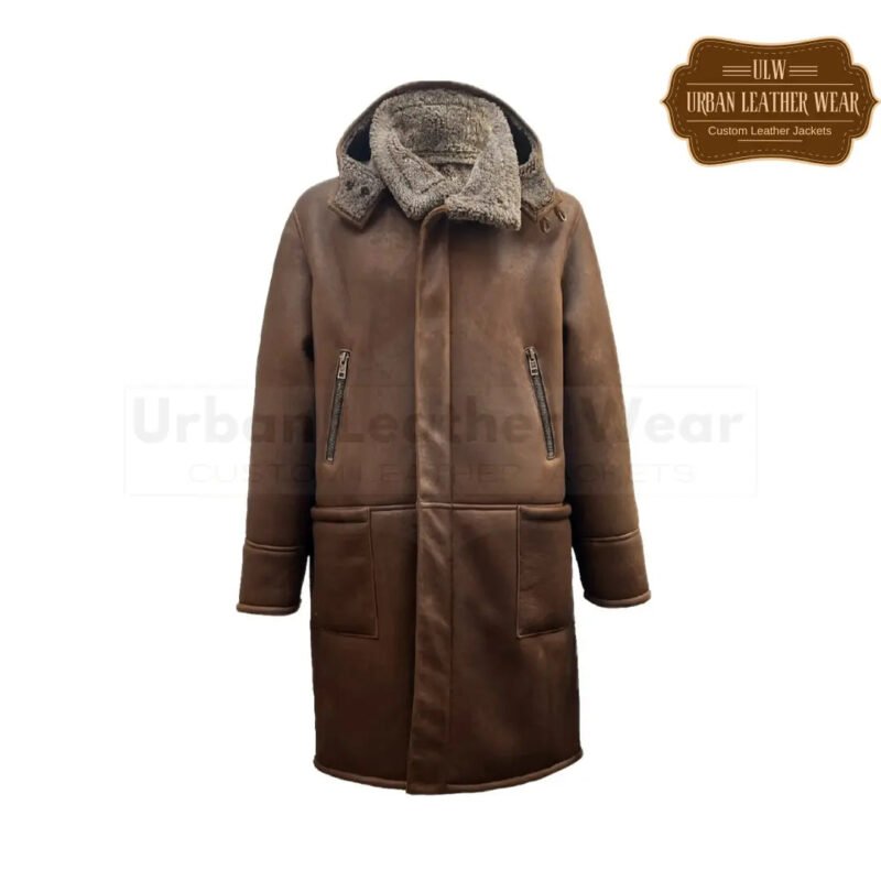 Men brown Parka Shearling long Coat | Urban Leather Wear