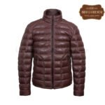 Men burgundy puffer leather jacket | Urban Leather Wear