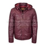 Men real leather puffer jacket fully padded with hood (Red) | Urban Leather Wear
