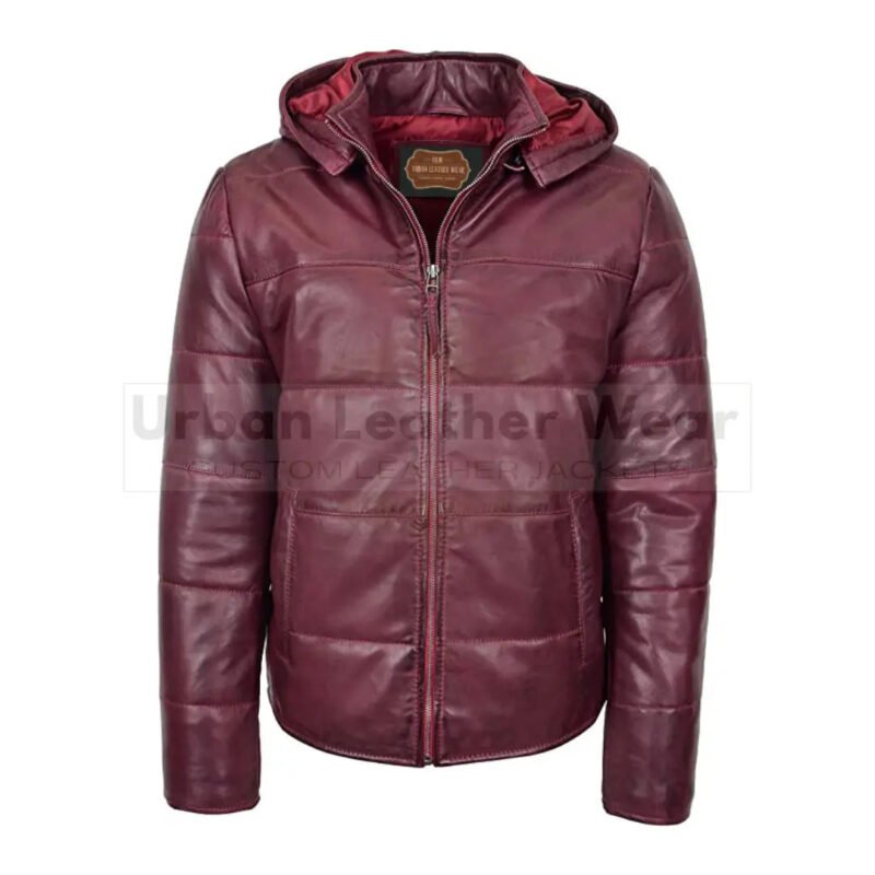 Men real leather puffer jacket fully padded with hood (Red) | Urban Leather Wear