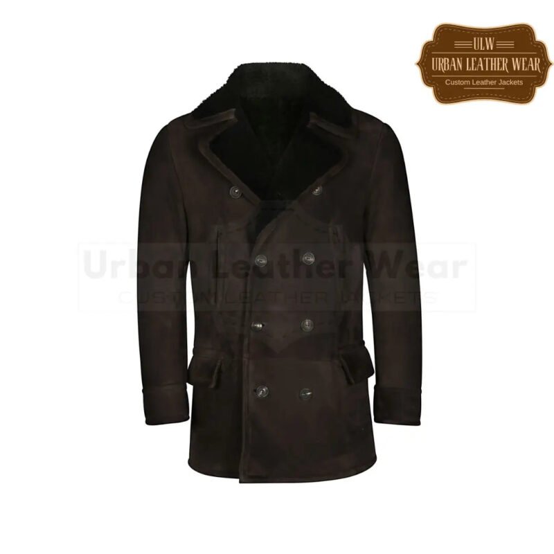 Men shearling dark brown pea coat | Urban Leather Wear