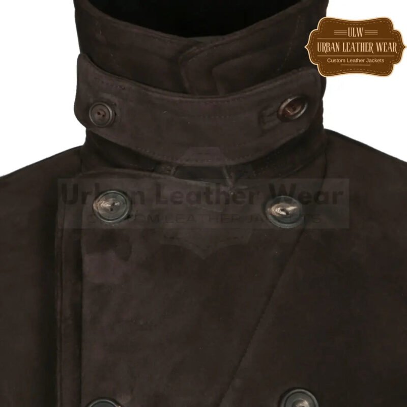Men shearling dark brown pea coat | Urban Leather Wear