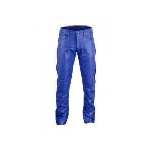 Men Blue Leather Biker Pant