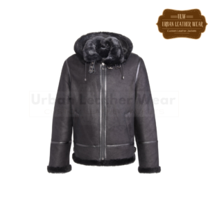 Men Hooded Leather Aviator Jacket Black
