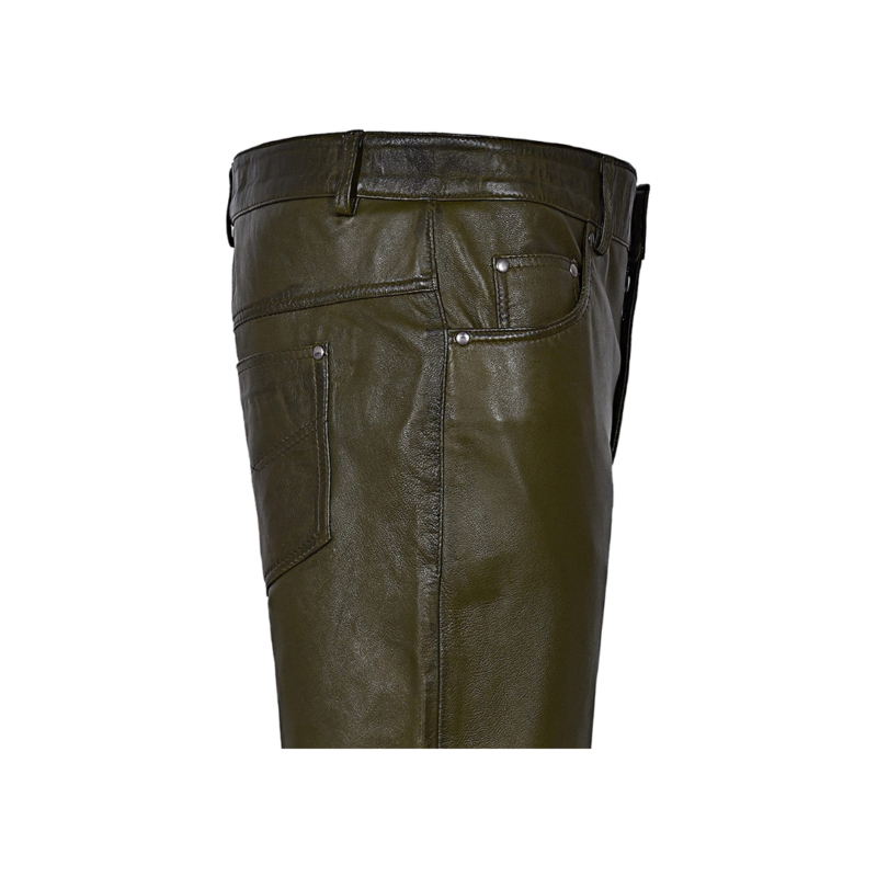 Olive Green Real Leather Motorcycle Biker Jeans Trouser | Urban Leather Wear
