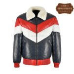 Mens Puffer Three Tone Real Leather V-Bomber Jacket (Black-Red-White) | Urban Leather Wear