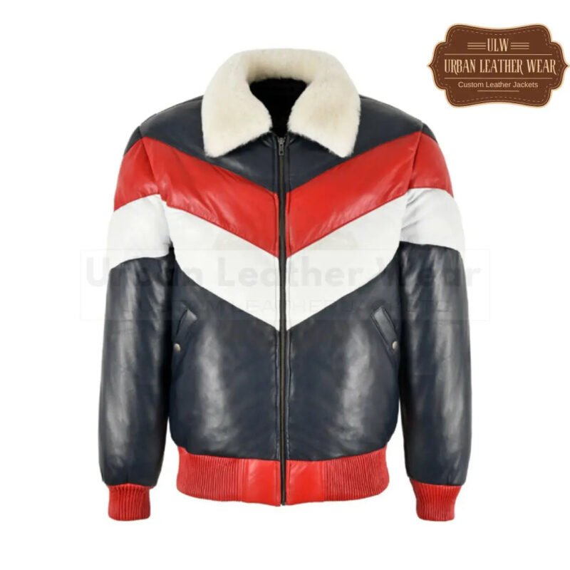 Mens Puffer Three Tone Real Leather V-Bomber Jacket (Black-Red-White) | Urban Leather Wear