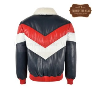 Mens Puffer Three Tone Real Leather V-Bomber Jacket (Black-Red-White) | Urban Leather Wear