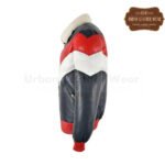 Mens Puffer Three Tone Real Leather V-Bomber Jacket (Black-Red-White) | Urban Leather Wear