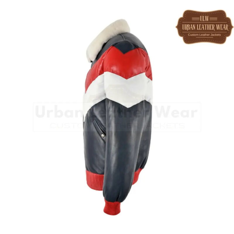 Mens Puffer Three Tone Real Leather V-Bomber Jacket (Black-Red-White) | Urban Leather Wear