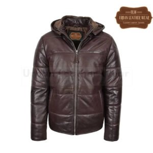 Mens Real Leather Puffer Jacket Fully Padded With Hood