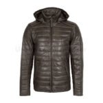 Mens leather puffer jacket brown with hood | Urban Leather Wear