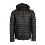 Mens leather puffer jacket dark black with hood | Urban Leather Wear