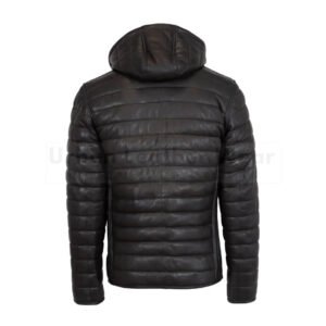Mens leather puffer jacket dark black with hood | Urban Leather Wear