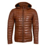 Mens leather puffer jacket dark brown with hood | Urban Leather Wear
