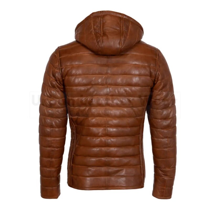 Mens leather puffer jacket dark brown with hood | Urban Leather Wear