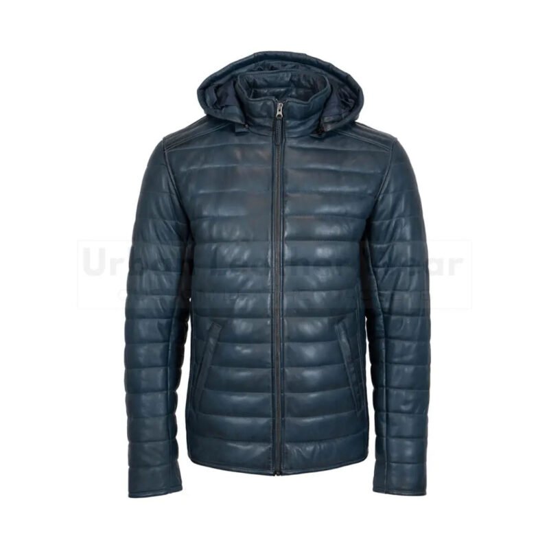 Mens leather puffer jacket jeans blue with hood | Urban Leather Wear