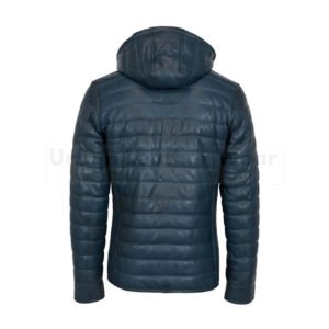 Mens leather puffer jacket jeans blue with hood | Urban Leather Wear