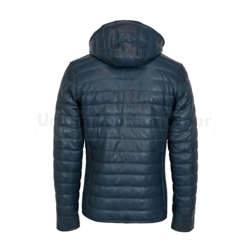 Mens leather puffer jacket jeans blue with hood | Urban Leather Wear