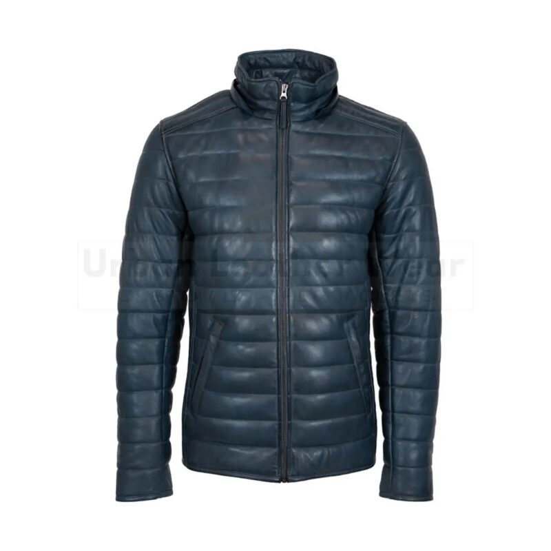 Mens leather puffer jacket jeans blue with hood | Urban Leather Wear