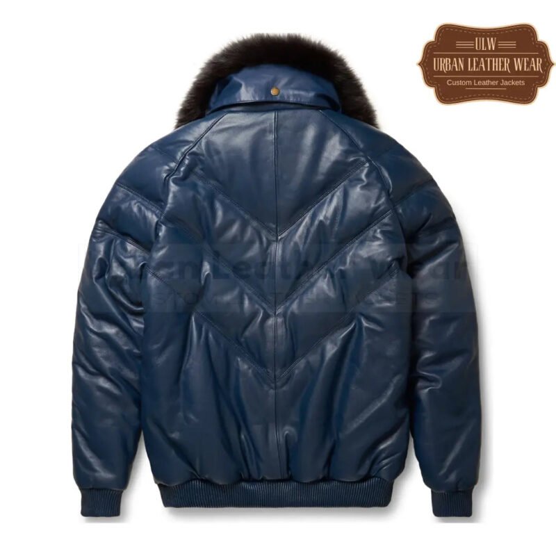 Navy Dark Blue Leather V-Bomber Jacket for Men | Urban Leather Wear