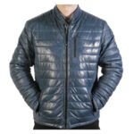 Puffer men blue quilted leather padded jacket | Urban Leather Wear