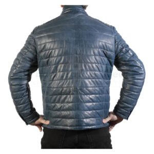 Puffer men blue quilted leather padded jacket | Urban Leather Wear