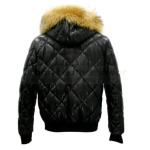 Quilted puffer leather jacket with diamond stitching and fur hoodie | Urban Leather Wear
