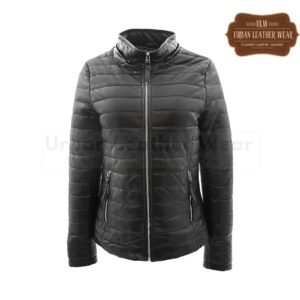 Real leather puffer jacket fully quilted removable hood black