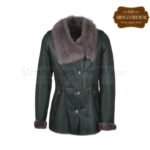 Shearling leather green button down jacket sale for women | Urban Leather Wear