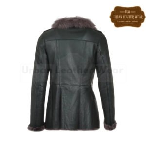 Shearling leather green button down jacket sale for women | Urban Leather Wear