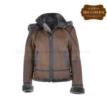 Short Hooded Shearling Flying Jacket Brown | Urban Leather Wear