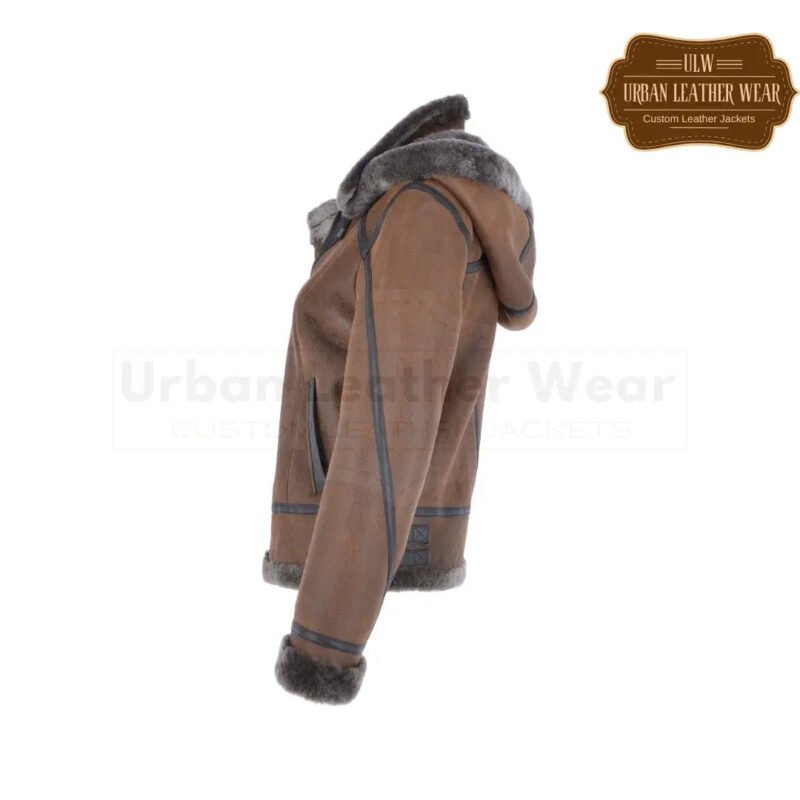 Short Hooded Shearling Flying Jacket Brown | Urban Leather Wear