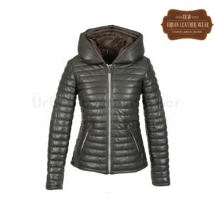 Short genuine leather down jacket lapel hood (Dark khaki)