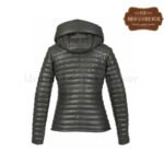 Short genuine leather down jacket lapel hood (Dark khaki) | Urban Leather Wear