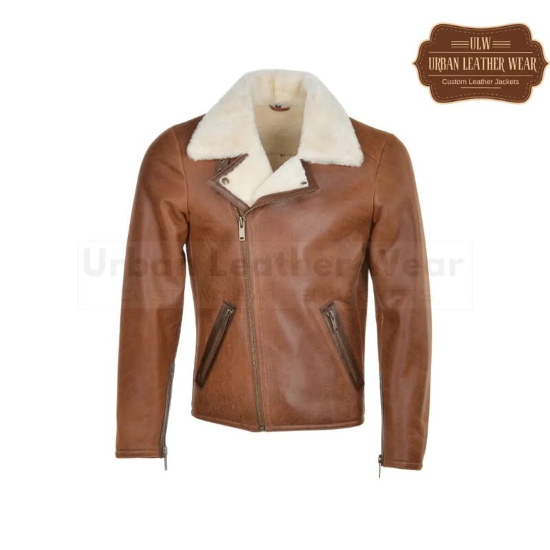 Side Zip Biker Shearling Pilot Leather Jacket Tan | Urban Leather Wear