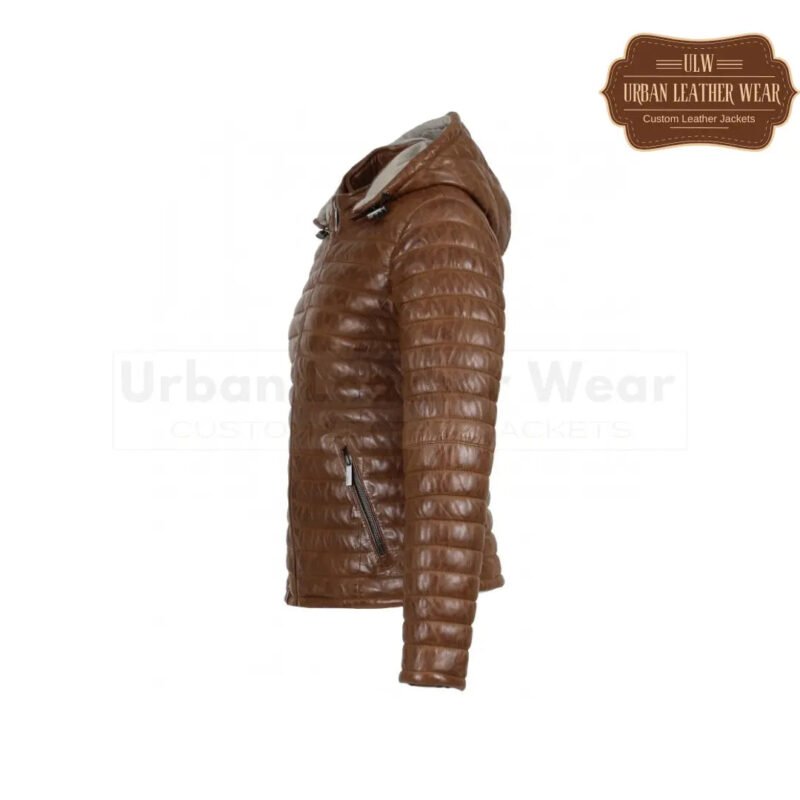 Two-Tone Genuine Leather Hooded Down Jacket (Coffee color) | Urban Leather Wear
