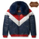 Two-Tone Leather V-Bomber Jacket (Navy – White – Red) | Urban Leather Wear