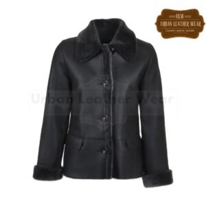 Women 3 Button Black Leather Fur Trim Jacket