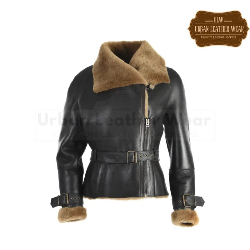 Women Aviator Shearling Bomber Jacket black | Urban Leather Wear