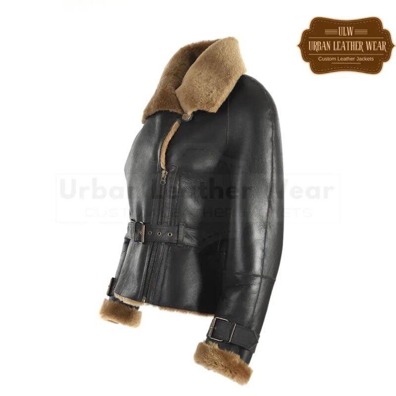 Women Aviator Shearling Bomber Jacket black | Urban Leather Wear