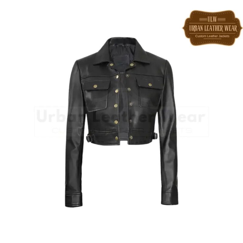 Women Black Cropped Leather Trucker Jacket | Urban Leather Wear