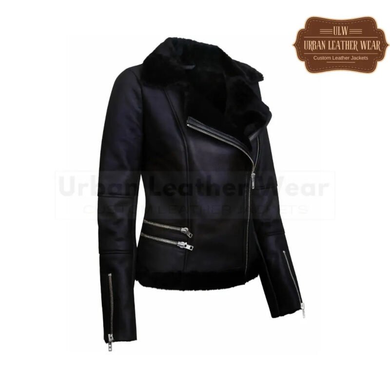 Women Black Shearling Pilot Leather Biker Jacket | Urban Leather Wear