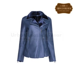 Women Blue Shearling Straight Moto Jacket