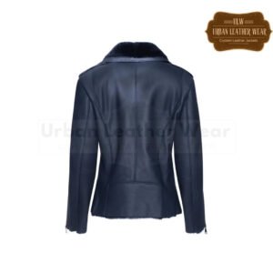Women Blue Shearling Straight Moto Jacket | Urban Leather Wear