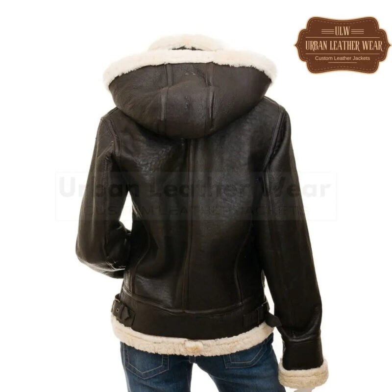 Women Dark Brown B3 Shearling Leather Jacket with Hood | Urban Leather Wear